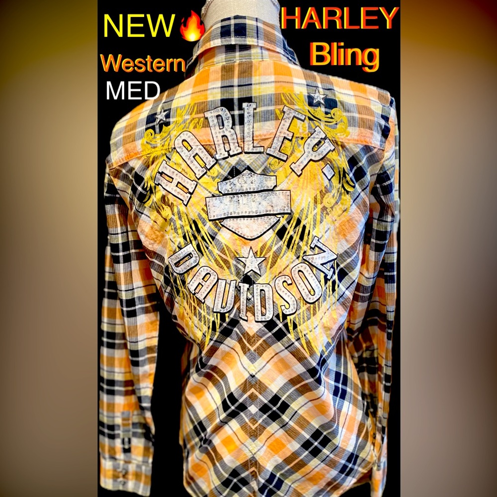 NEW🔥HARLEY DAVIDSON Logo BLING L/S Cotton Western Shirt🖤🧡💛Women Med🔥NWT🏷️!